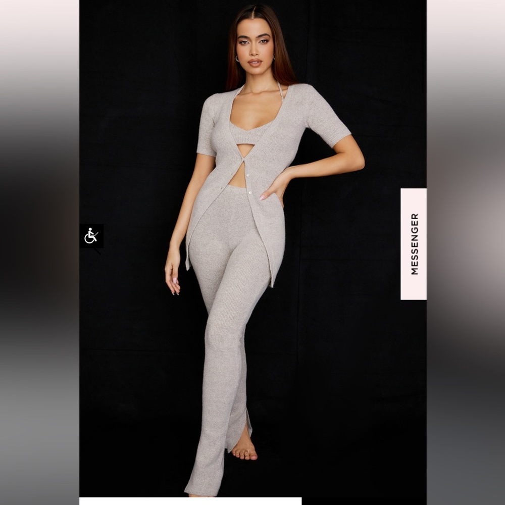 House of CB Raven Opal Oatmeal loungewear bralette cardigan pants SET